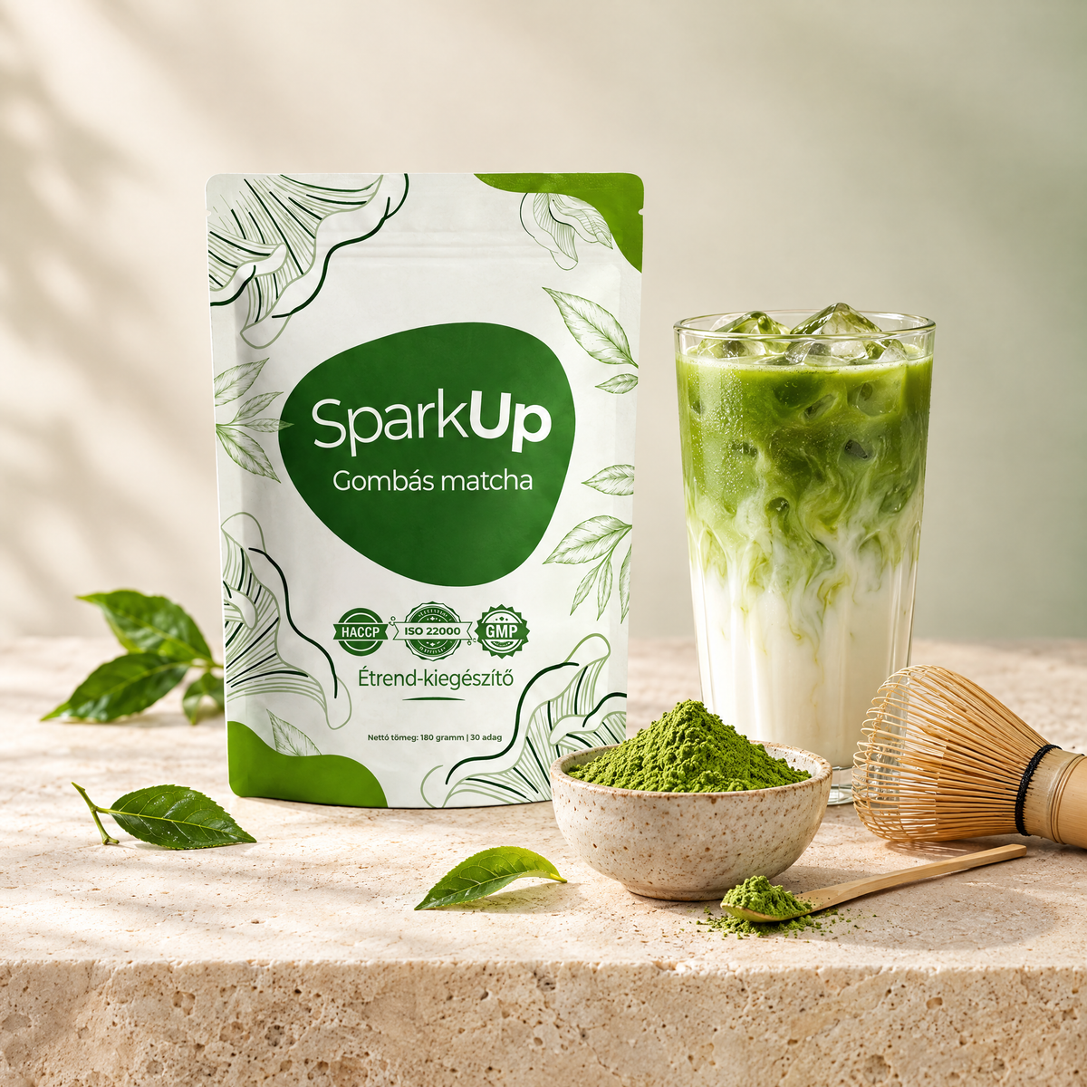 SparkUp Gombás matcha tasak jeges matcha lattéval
