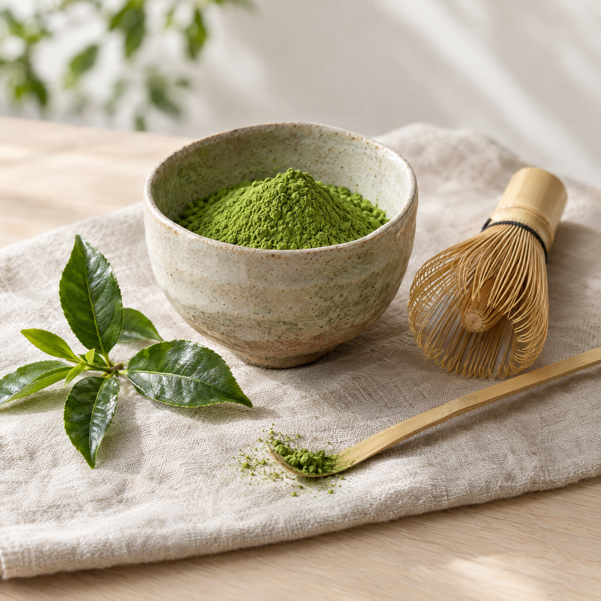 Matcha por kerámia tálban bambusz habverővel